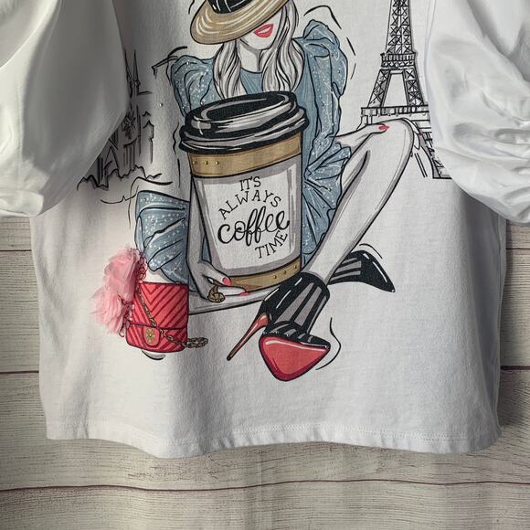 More Love & Lace White Blouse with Paris Graphic Flowers Puff Sleeves Size Large - Picture 13 of 15